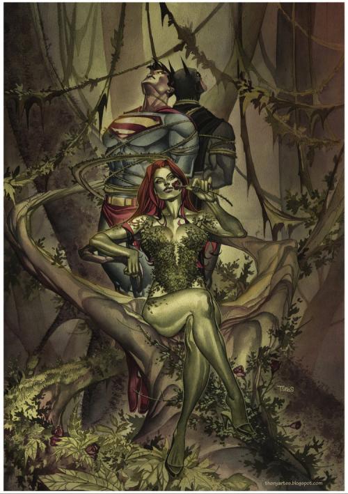 poison ivy strapped up Superman and Batman