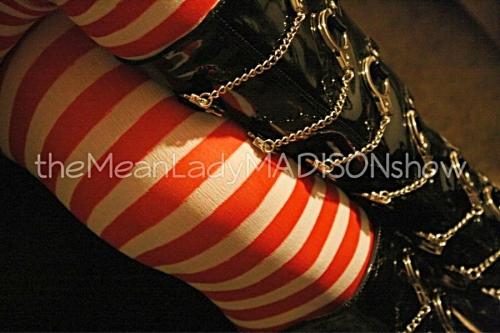 themeanladymadisonshow latexboots candycane stockings